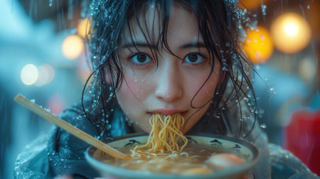 Asian girl eating noodles portrait, realistic illustrationの素材