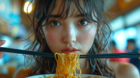 Asian girl eating noodles portrait, realistic illustrationの素材
