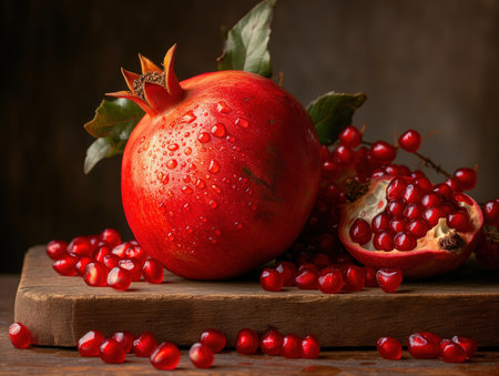 ripe pomegranates with grains close-up, realistic illustrationの素材