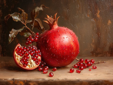 ripe pomegranates with grains close-up, realistic illustrationの素材