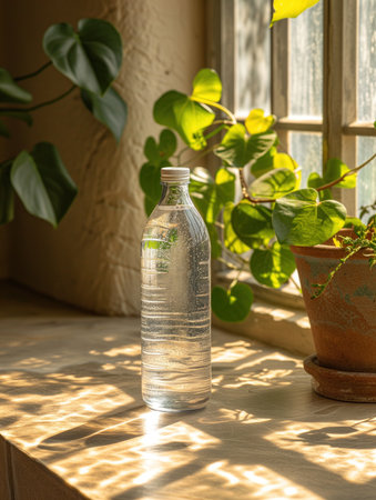 bottle of water closeup by the window, realistic illustrationの素材
