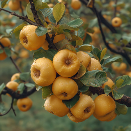 ripe quince on a branch close-up, realistic illustrationの素材