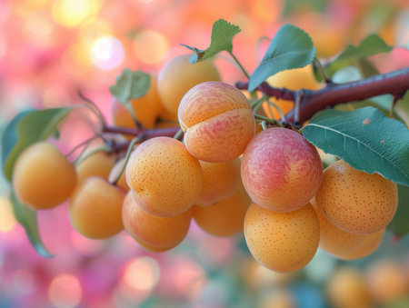 yellow plums on a branch close-up, realistic illustrationの素材