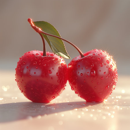 cherry drops close-up, realistic illustrationの素材