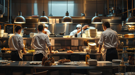 working in a professional kitchen, realistic illustrationの素材