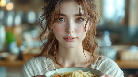 girl eating noodles portrait, realistic illustrationの素材