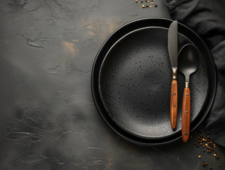 empty cutlery serving on black, realistic illustrationの素材
