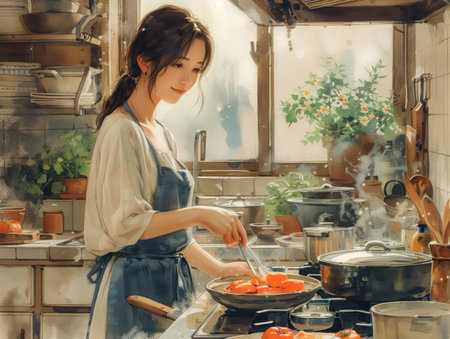 young asian woman cooking in the kitchen, realistic illustrationの素材