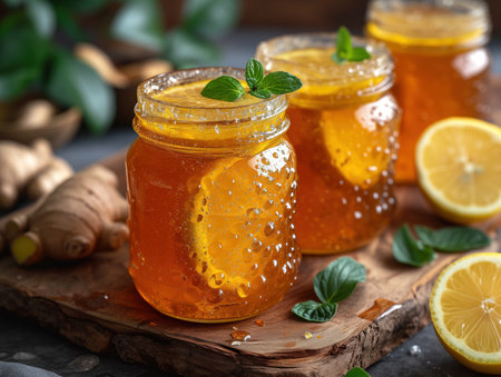 jar of honey with ginger and lemon, realistic illustrationの素材