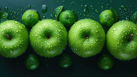 ripe green apples top view, realistic illustrationの素材