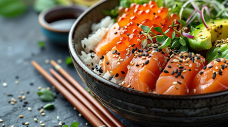 asian cuisine bowl of rice with red fish, realistic illustrationの素材