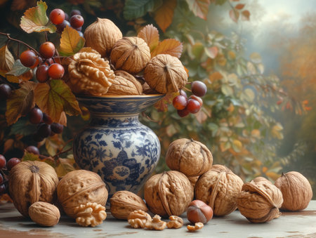 assorted nuts in rustic style, realistic illustrationの素材