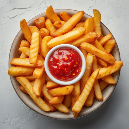 fried potatoes with tomato sauce top view, realistic illustrationの素材