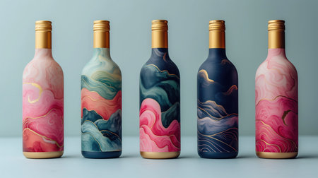 bottles of various wines in a row, realistic illustrationの素材