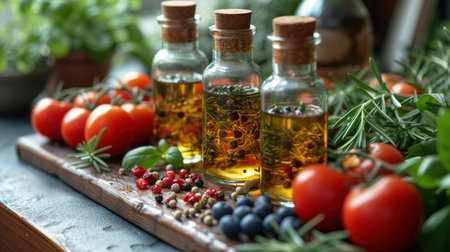 fresh tomatoes with basil and bottle of oil, realistic illustrationの素材