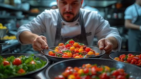 chef preparing salad in the kitchen, realistic illustrationの素材