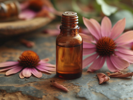 bottle with echinacea essential oil, realistic illustrationの素材