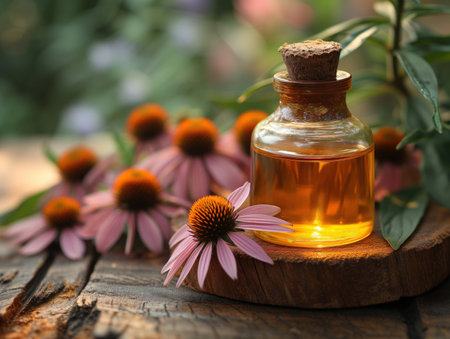 bottle with echinacea essential oil, realistic illustrationの素材