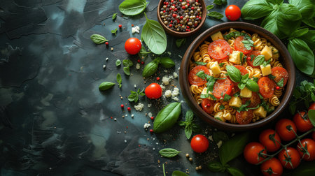 pasta with tomatoes and basil top view, realistic illustrationの素材
