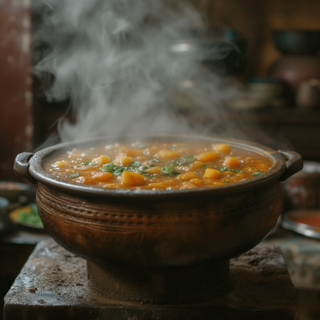 pot with hot thick soup, realistic illustrationの素材