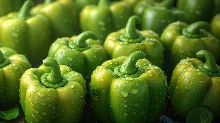 green pepper in water drops food background, realistic illustrationの素材