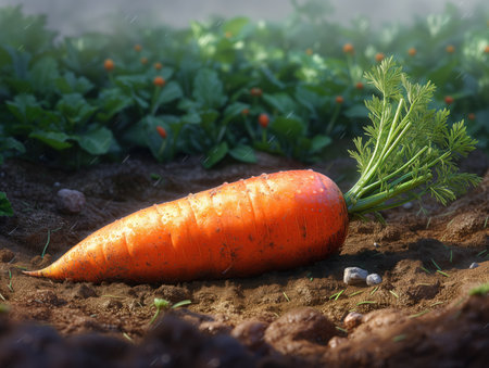 raw carrots with tops on the ground, realistic illustrationの素材