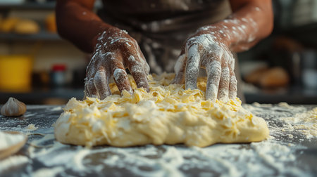 woman hands kneading dough close up, realistic illustrationの素材