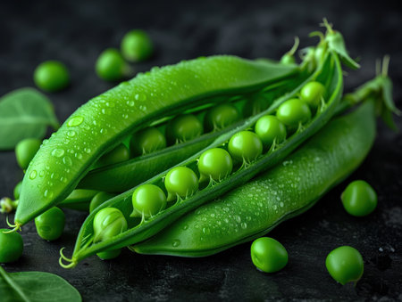wet raw pea pods closeup, realistic illustrationの素材