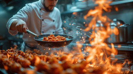 chef cooking meat on fire, realistic illustrationの素材