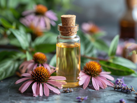 bottle with echinacea essential oil, realistic illustrationの素材