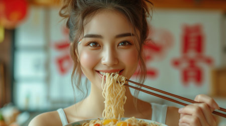 Asian girl eating noodles portrait, realistic illustrationの素材