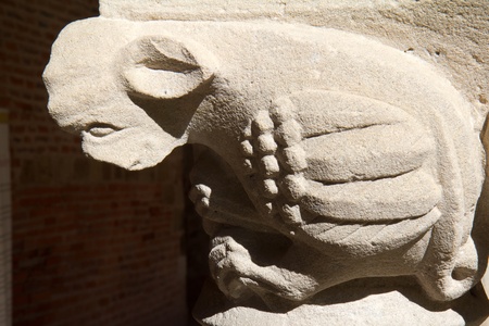 FLARAN, FRANCE, APRIL 5: closeup fragment of  the cloister of  Flaran Abbey , a Cistercian monastery of the twelfth century, on April 5, 2011, in Flaran, France.のeditorial素材