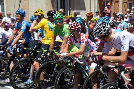 SAMATAN, FRANCE- JULY 16: Cyclists at the departure of the 15th stage of the Tour de France, from Samatan to Pau, on July 16, 2012 in Samatan, France. のeditorial素材