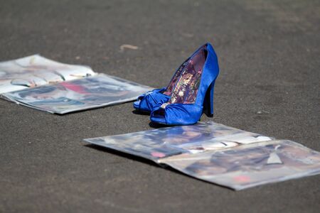 AURILLAC, FRANCE - AUGUST 22 : Blue shoes in the street, Aurillac International Street Theater Festival, show by Company Ballets Temps Dance Jr , on august 22, 2012, in Aurillac,France. のeditorial素材