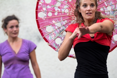 AURILLAC, FRANCE - AUGUST 24 : Two dancers are moving as part of the Aurillac International Street Theater Festival,show by the Company D'Akipaya Danza , on august 24, 2012, in Aurillac,France. のeditorial素材