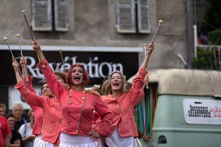AURILLAC, FRANCE - AUGUST 24 : dress parade of mature majorettes as part of the Aurillac International Street Theater Festival, Company En Estafette , on august 24, 2012, in Aurillac,France. のeditorial素材