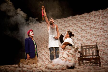 AURILLAC, FRANCE - AUGUST 22: actors under a big top as part of the Aurillac International Street Theater Festival,show by the Company Off ,on august 22, 2012, in Aurillac,France.のeditorial素材