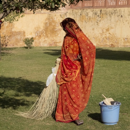 JAIPUR,  INDIA - MARCH 6: Close-up portrait of a sweeper wearing a beautiful sari, March 6, 2013,...