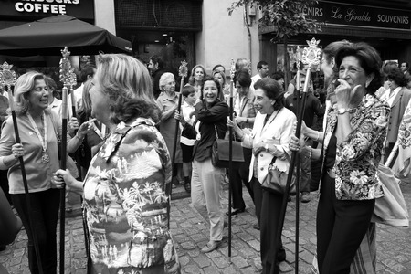 SEVILLE, SPAIN -  OCTOBER 19  Andalusian women  smile during the religious procession of the anniversary of the Triana district, on October 19, 2013, in Seville, Spain   のeditorial素材