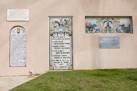 CARTAGENA, SPAIN-JANUARY 29, 2019: Commemorative plaque in tribute to the 300th anniversary of Don Quixote, the famous novel of Miguel de Cervantes, telling the story of an amazing Spanish knight, his horse Rossinante and his squire, Sancho Panzaのeditorial素材