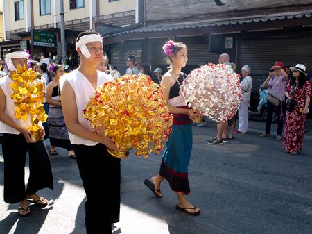 CHIANG MAI, THAILAND-FEBRUARY 4th 2017: Chiang Mai Flower Festival: Young Thai people with flowers in the hair.のeditorial素材