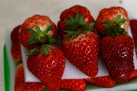 red strawberries laid on a substrateの写真素材