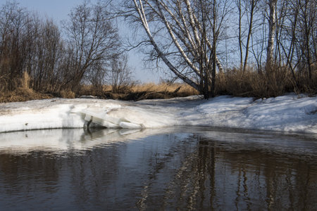 flowing water in the river in springの写真素材