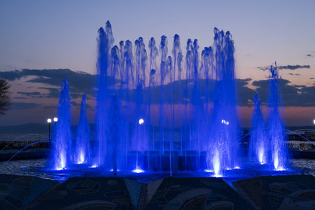 Fountains in the park at night, closeup of photoの写真素材