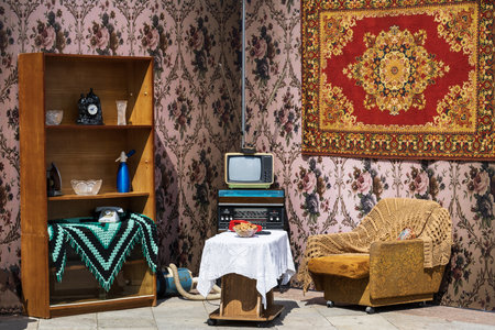 Luxury interior of an old house with furniture and a TVの写真素材