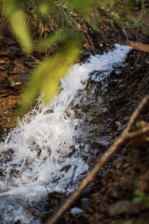 Waterfall in the forest. Shallow depth of field. Selective focus.の写真素材
