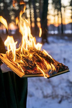 A burning book in handsの写真素材