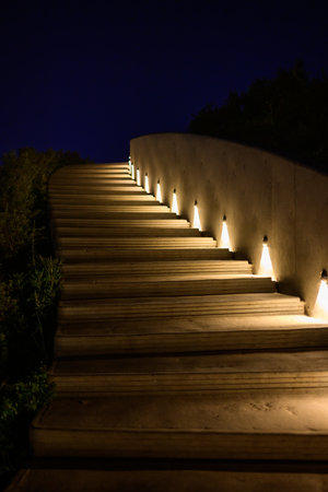 Staircase at night in the park, closeup of photo