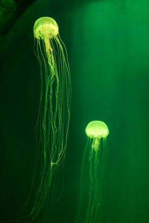 Jellyfish swimming in a dark green aquarium with a green backgroundの写真素材