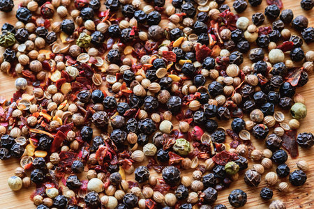 mix of peppercorns on a wooden background. top view.